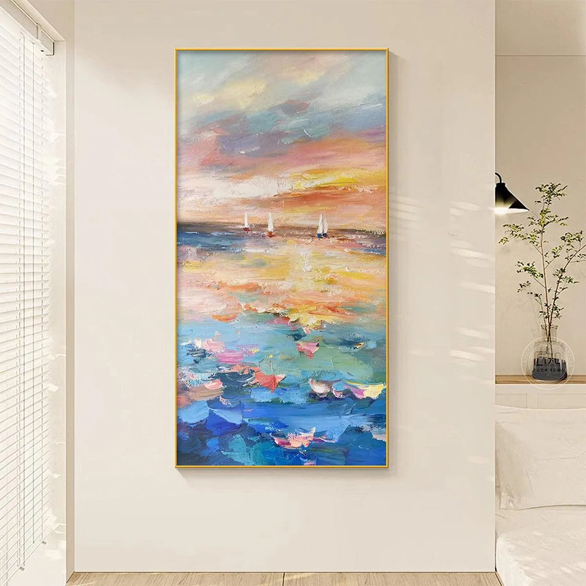 SAILING AT SUNSET: Colorful Seascape Painting, Textured Wall Art, Vertical Canvas, Beach Decor