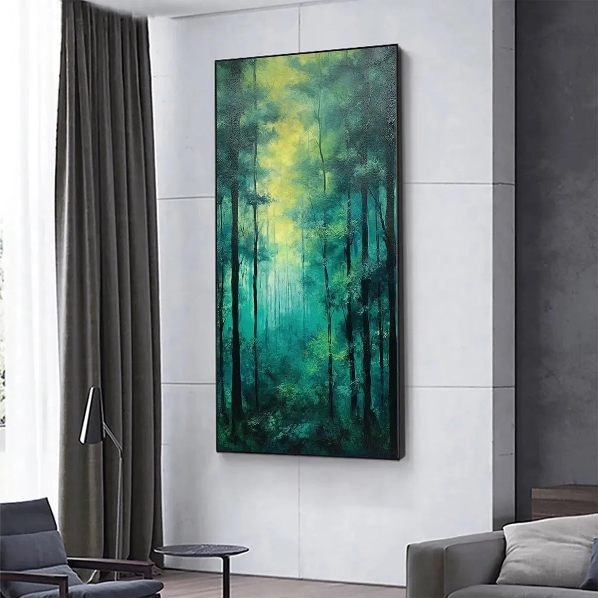 EMERALD FOREST PATH: Vertical Forest Painting, Green Woodland Scene, Nature Wall Art, Living Room