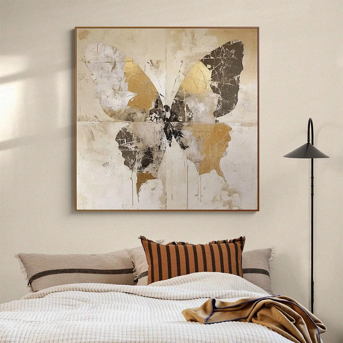 GOLDEN MONARCH: Gold Butterfly Painting, Square Canvas Art, Textured Wall Art, Beige and Gold Decor