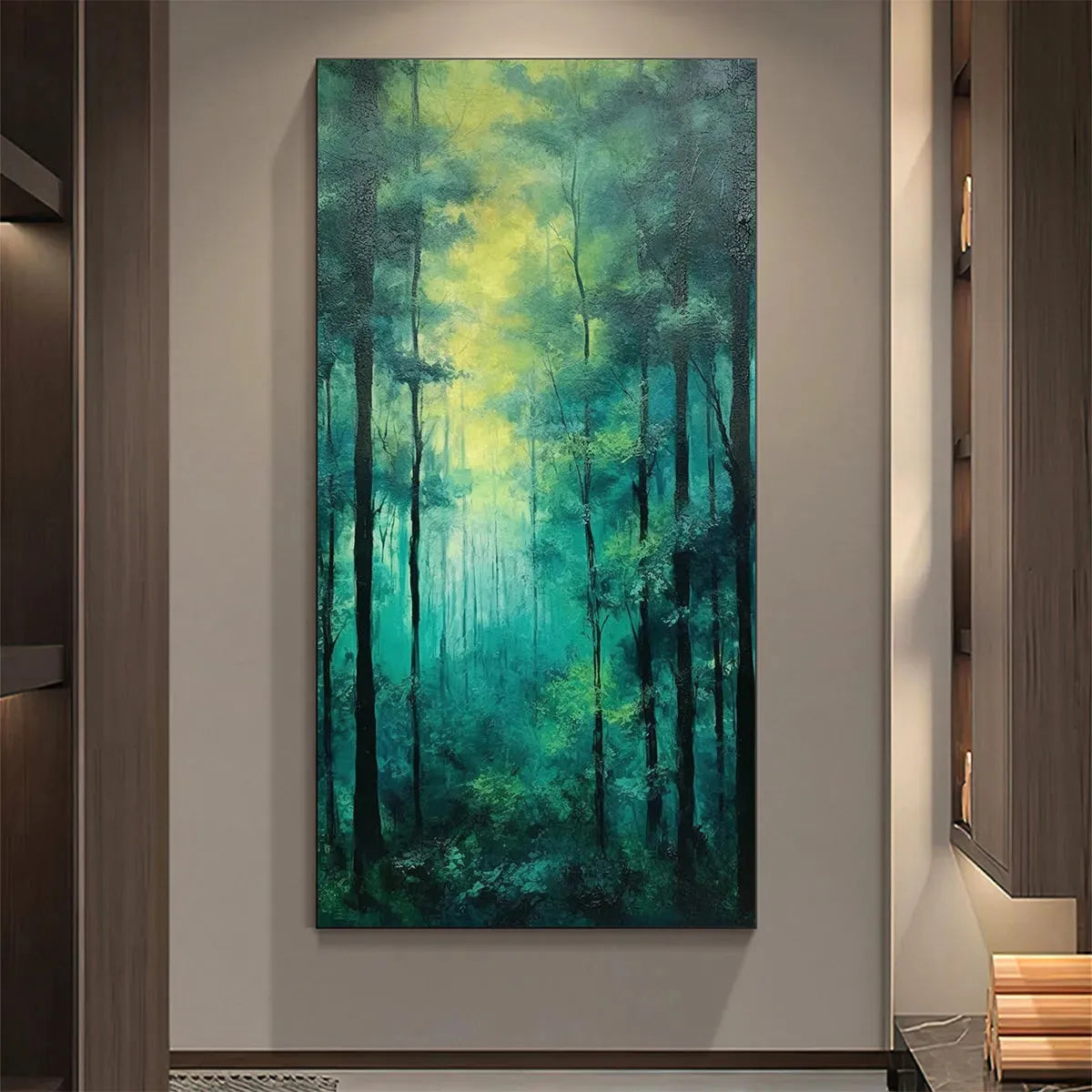 EMERALD FOREST PATH: Vertical Forest Painting, Green Woodland Scene, Nature Wall Art, Living Room