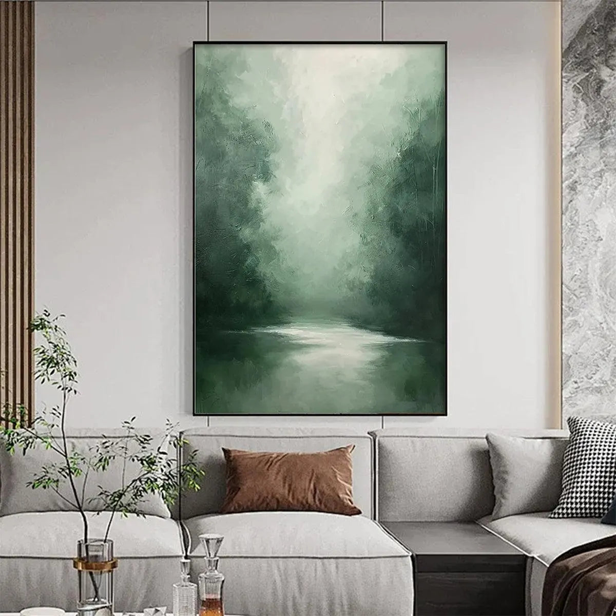 MISTY GREEN FOREST: Atmospheric Forest Landscape Painting, Vertical Wall Art