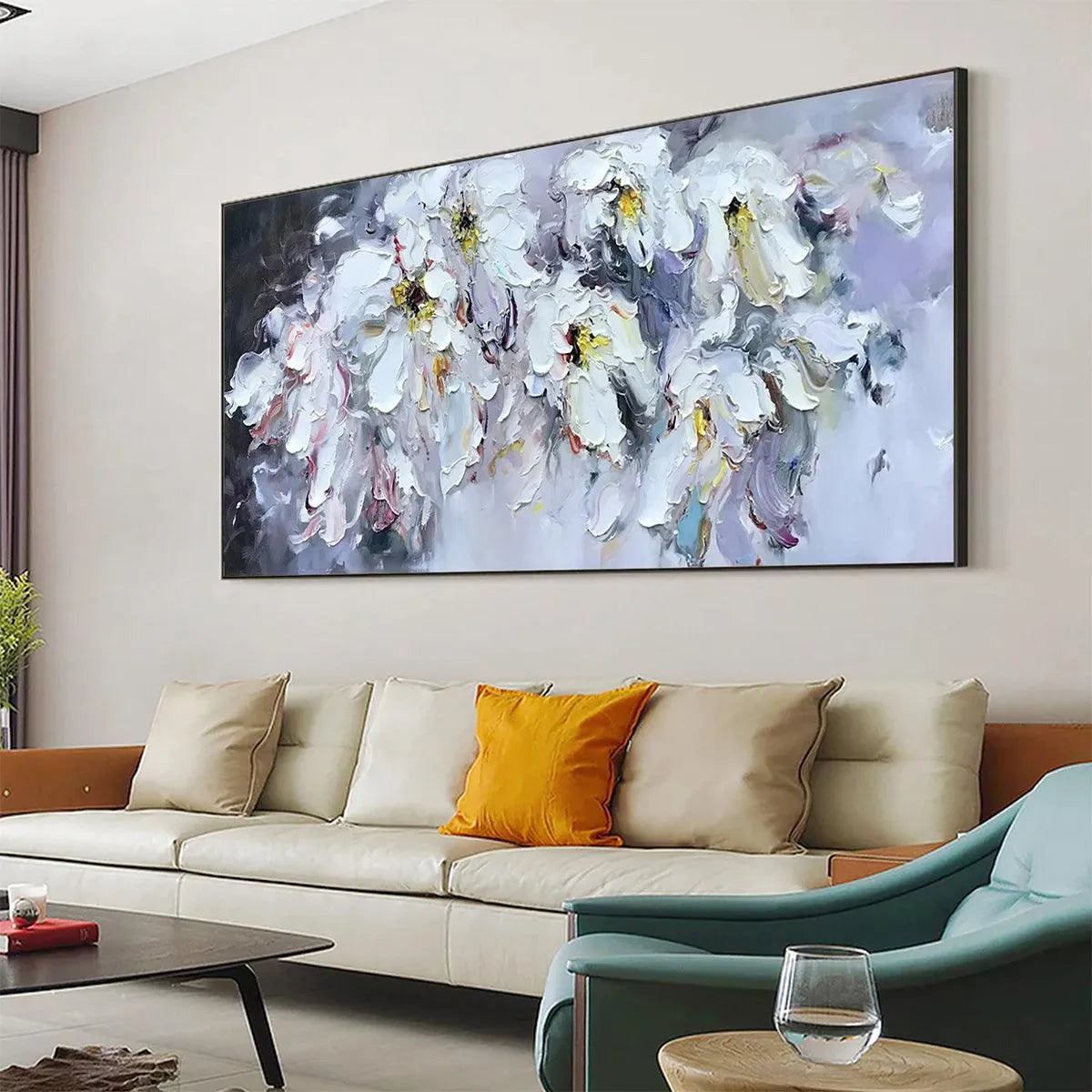 WHITE PETAL DREAM: Floral Painting, Impasto, Textured Wall Art, White Flowers, Panoramic