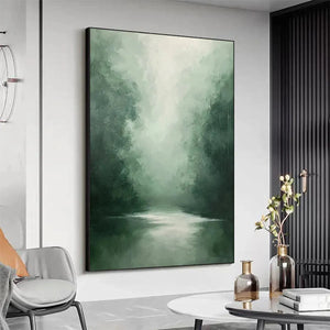 Misty Green Forest painting by Liam O'Connell, vertical forest landscape, green hues, for home decor.
