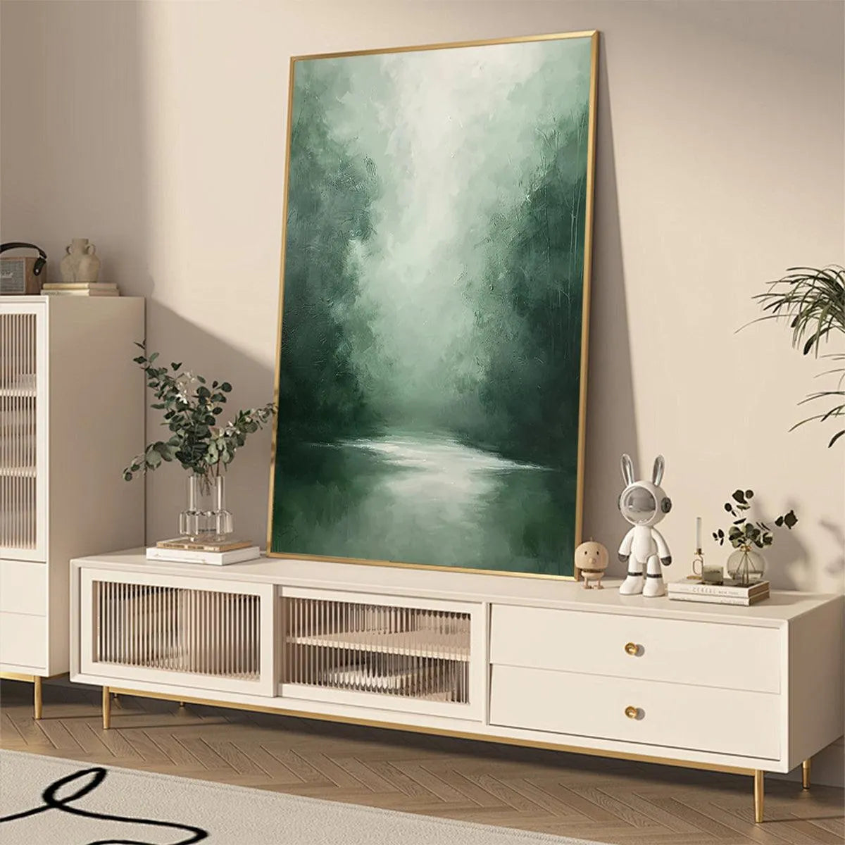 MISTY GREEN FOREST: Atmospheric Forest Landscape Painting, Vertical Wall Art