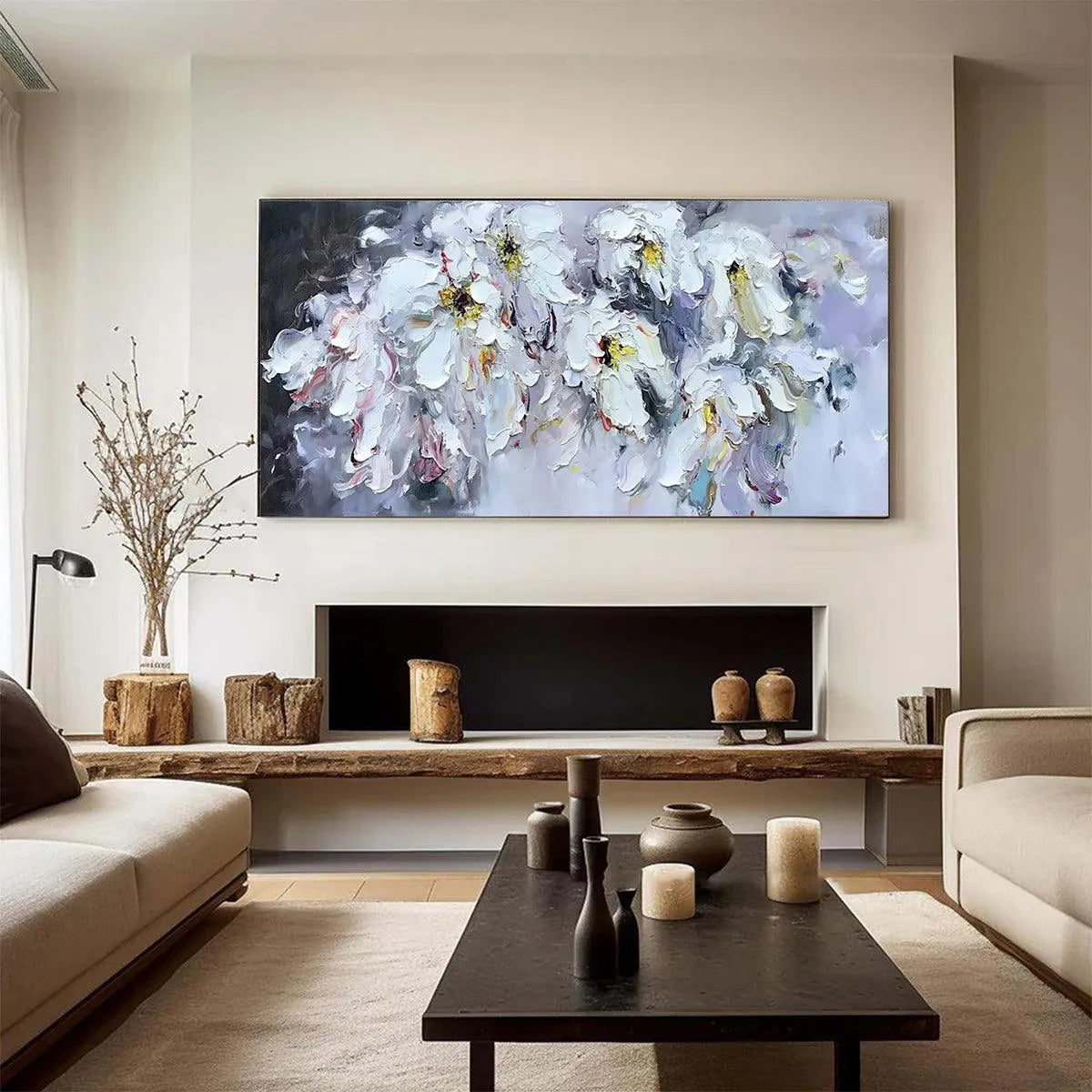 WHITE PETAL DREAM: Floral Painting, Impasto, Textured Wall Art, White Flowers, Panoramic