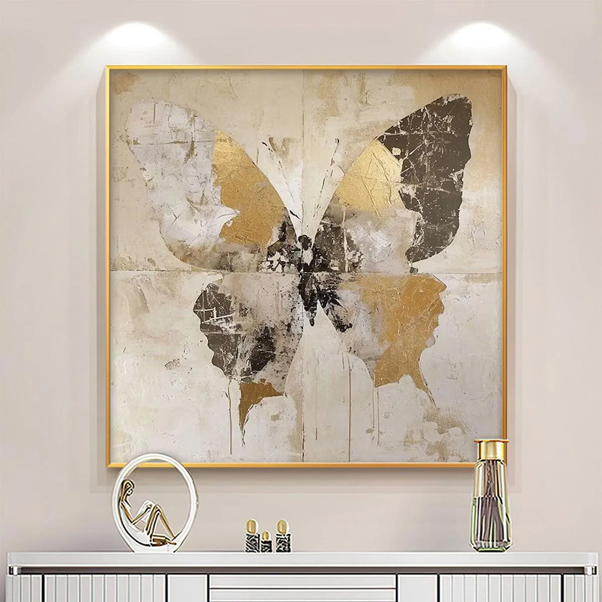 GOLDEN MONARCH: Gold Butterfly Painting, Square Canvas Art, Textured Wall Art, Beige and Gold Decor