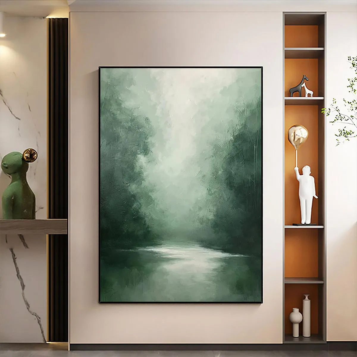 MISTY GREEN FOREST: Atmospheric Forest Landscape Painting, Vertical Wall Art