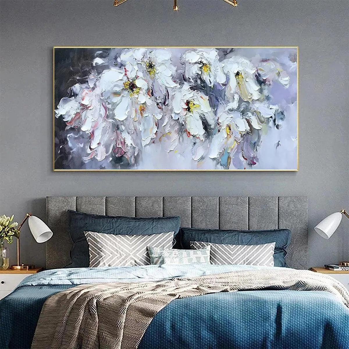 WHITE PETAL DREAM: Floral Painting, Impasto, Textured Wall Art, White Flowers, Panoramic