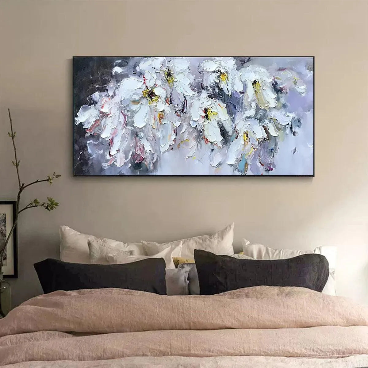 WHITE PETAL DREAM: Floral Painting, Impasto, Textured Wall Art, White Flowers, Panoramic