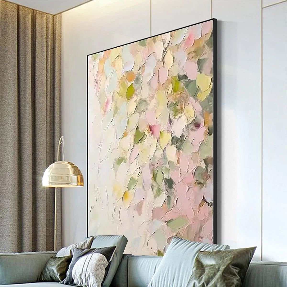 BLUSHING BLOOMS: Textured Abstract Floral Painting, Pastel Pink and Green Wall Art, Vertical Canvas, Impasto Decor