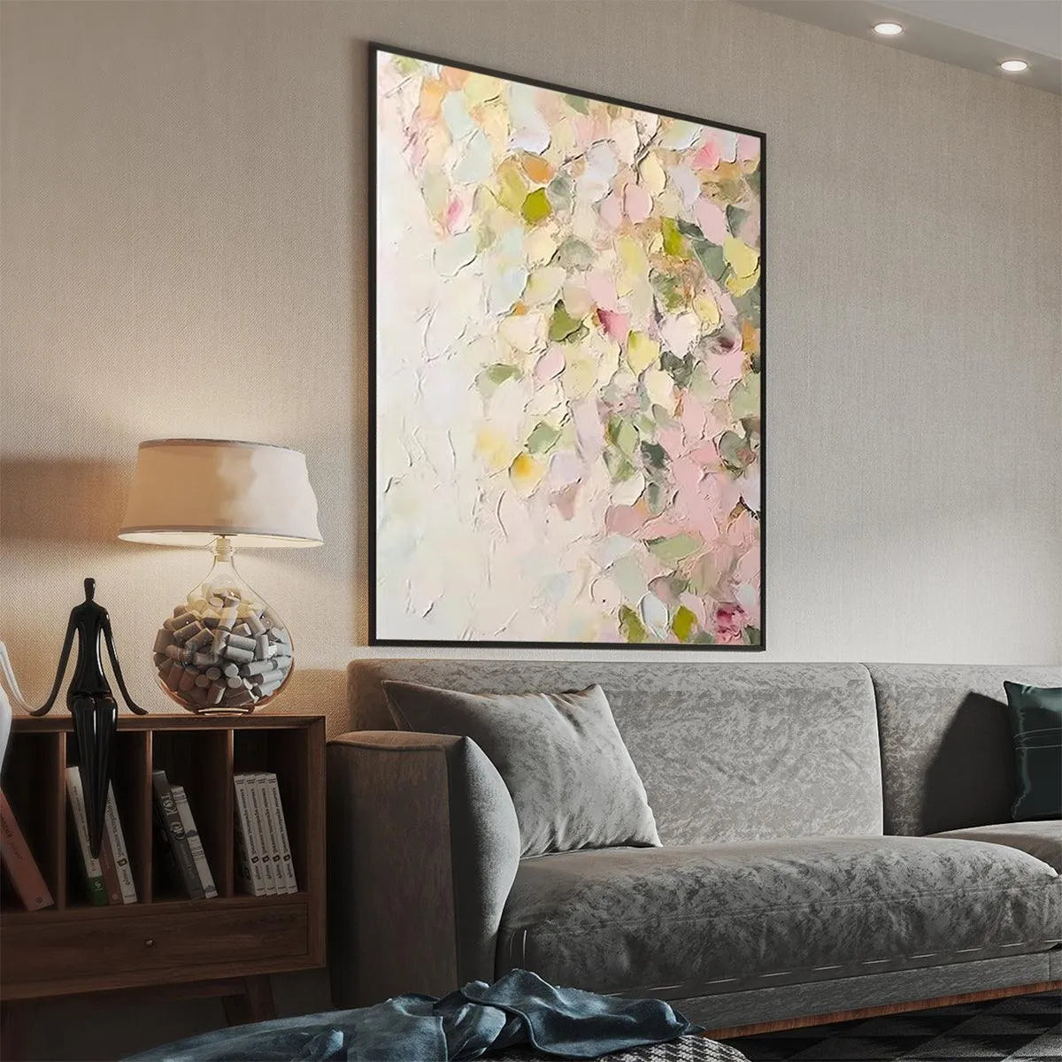 BLUSHING BLOOMS: Textured Abstract Floral Painting, Pastel Pink and Green Wall Art, Vertical Canvas, Impasto Decor