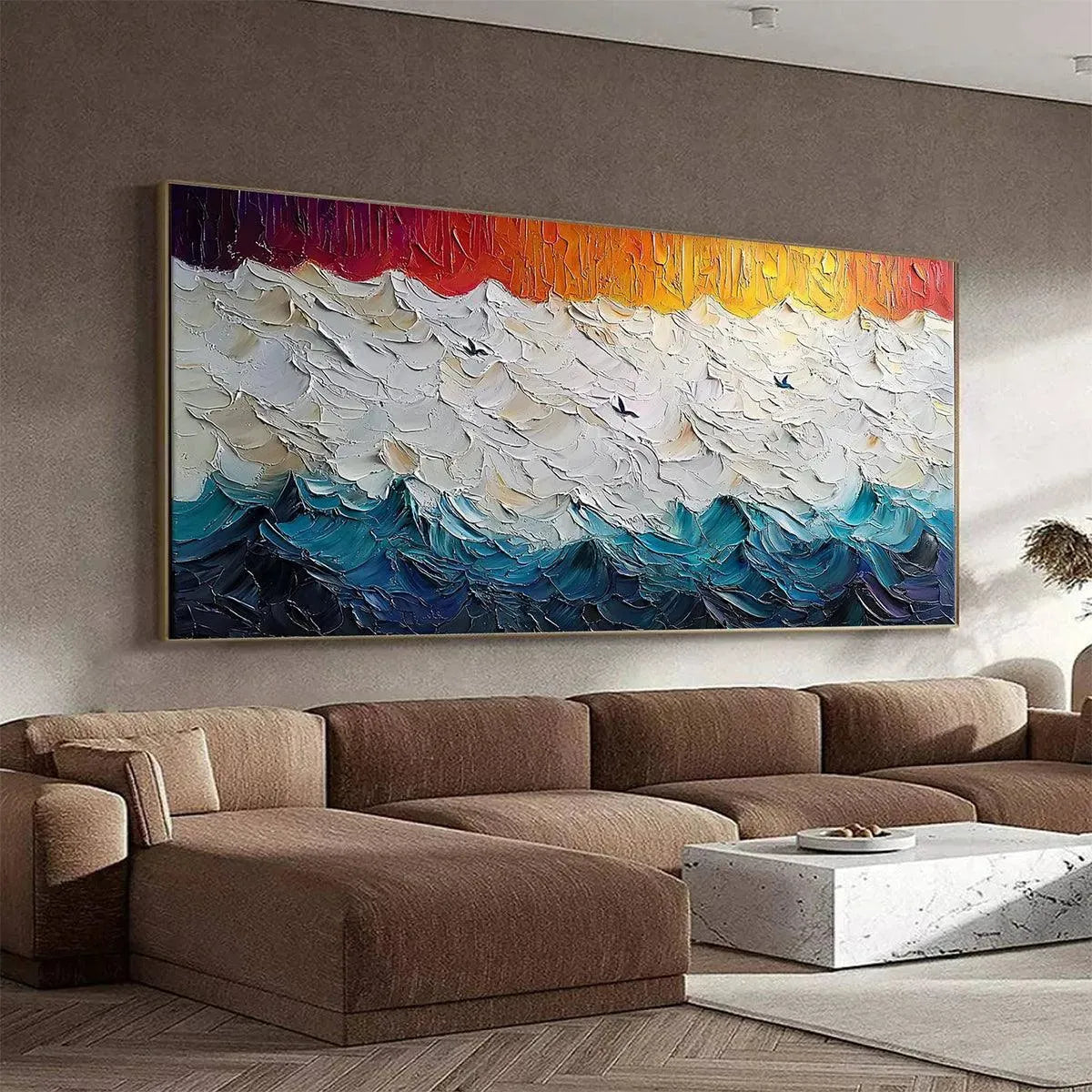 STORMY SKIES: Panoramic Ocean Painting, Impasto, Palette Knife