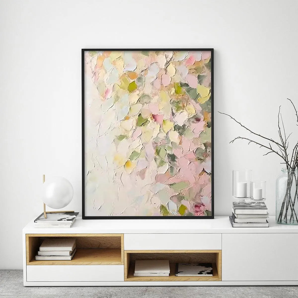 BLUSHING BLOOMS: Textured Abstract Floral Painting, Pastel Pink and Green Wall Art, Vertical Canvas, Impasto Decor