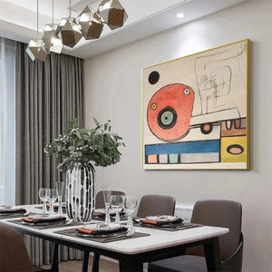 Playful Truck by Willow Davies square wall art in modern dining room setting, red abstract painting, framed art
