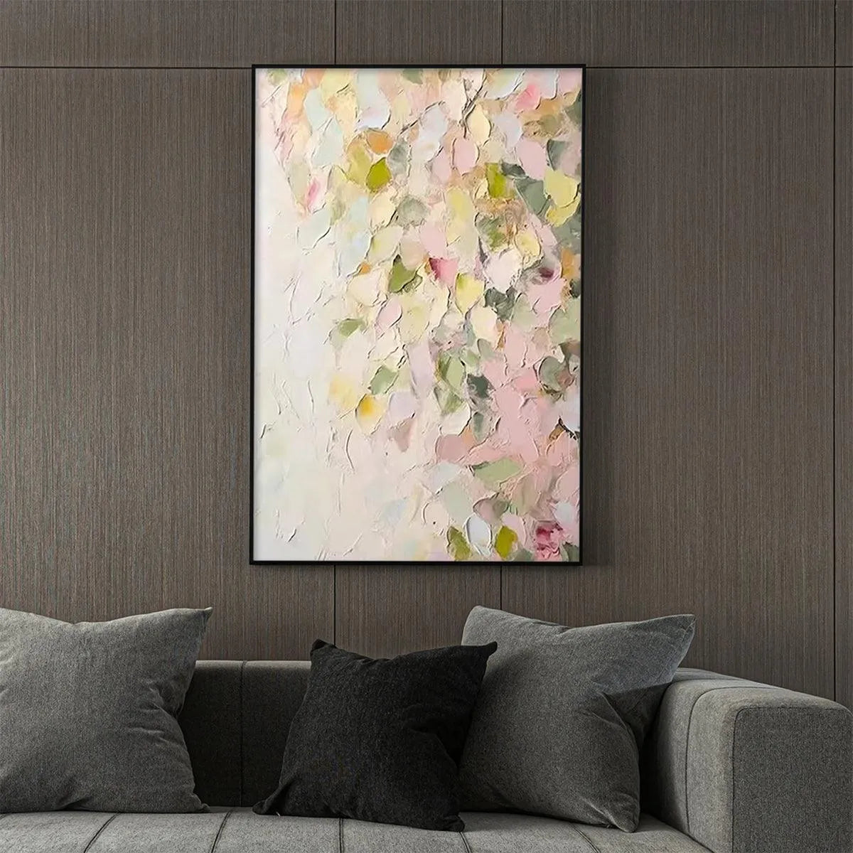 BLUSHING BLOOMS: Textured Abstract Floral Painting, Pastel Pink and Green Wall Art, Vertical Canvas, Impasto Decor