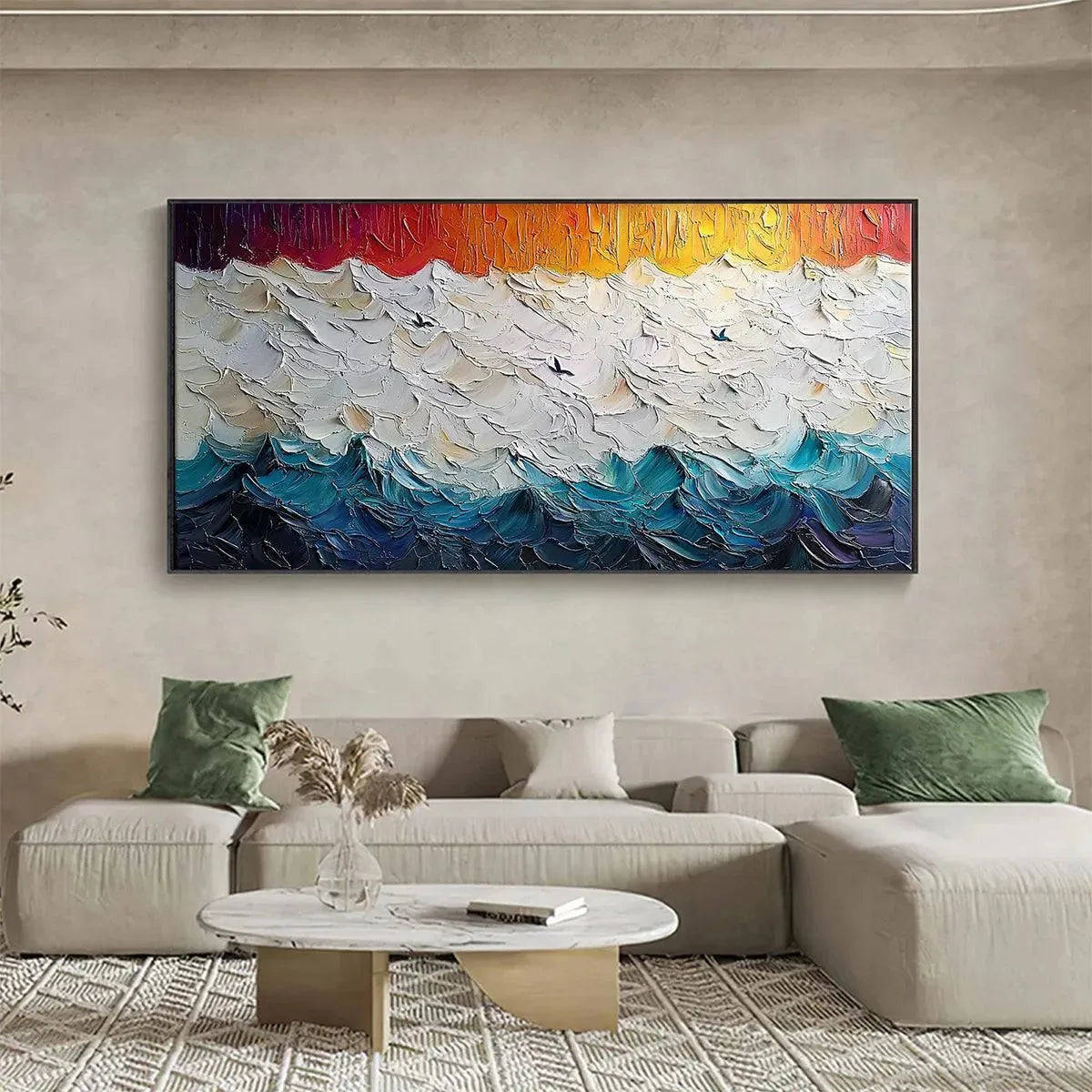 STORMY SKIES: Panoramic Ocean Painting, Impasto, Palette Knife