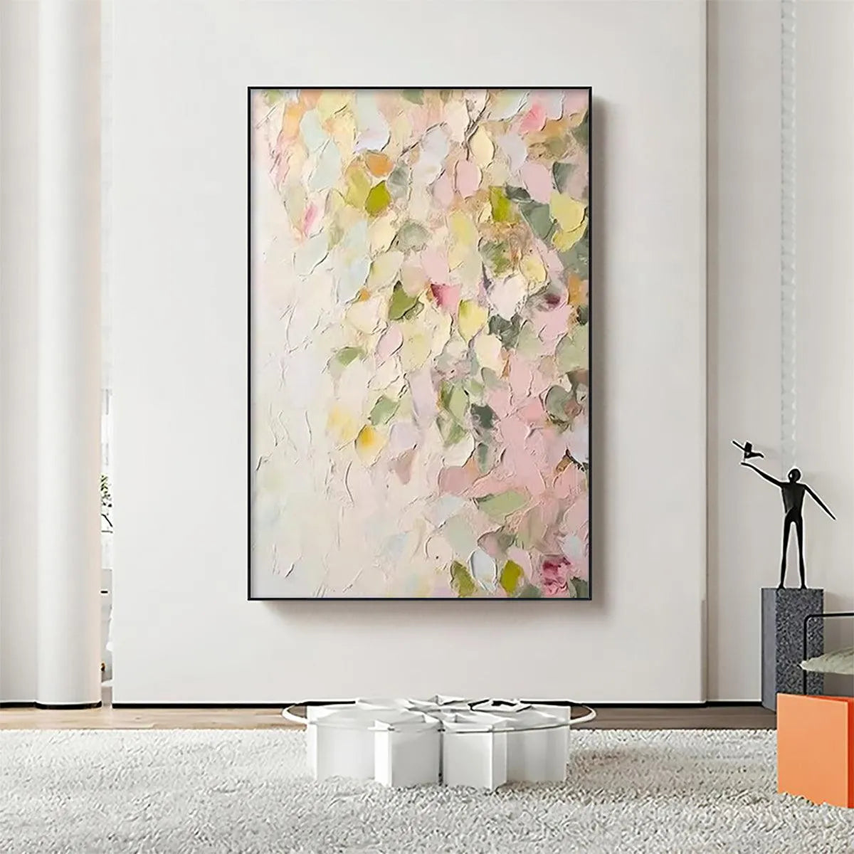 BLUSHING BLOOMS: Textured Abstract Floral Painting, Pastel Pink and Green Wall Art, Vertical Canvas, Impasto Decor