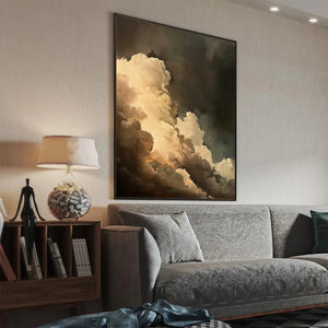 Evening Clouds painting by Liam O'Connell, vertical cloudscape art in a living room setting.