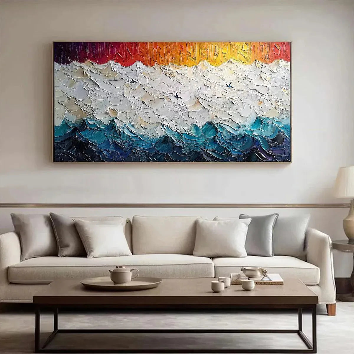 STORMY SKIES: Panoramic Ocean Painting, Impasto, Palette Knife