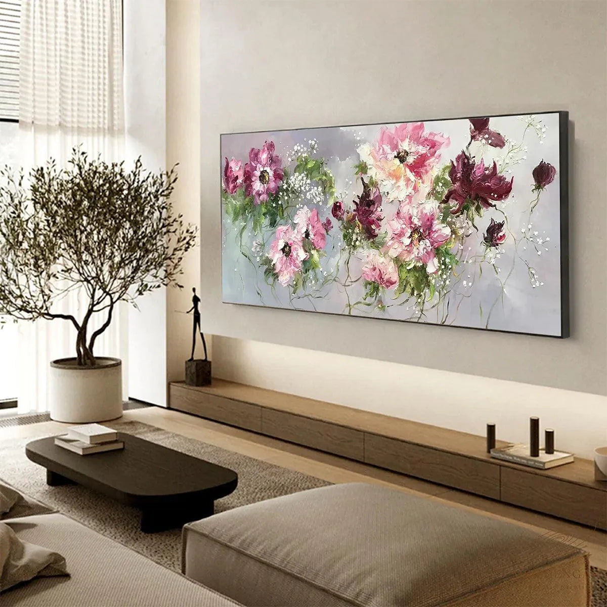 WILD ROSE WHISPERS: Floral Painting, Panoramic Wall Art, Romantic Decor, Pink and Burgundy Flowers