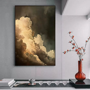 Liam O'Connell 'Evening Clouds' vertical cloudscape painting, warm tones and textured brushstrokes, wall art.
