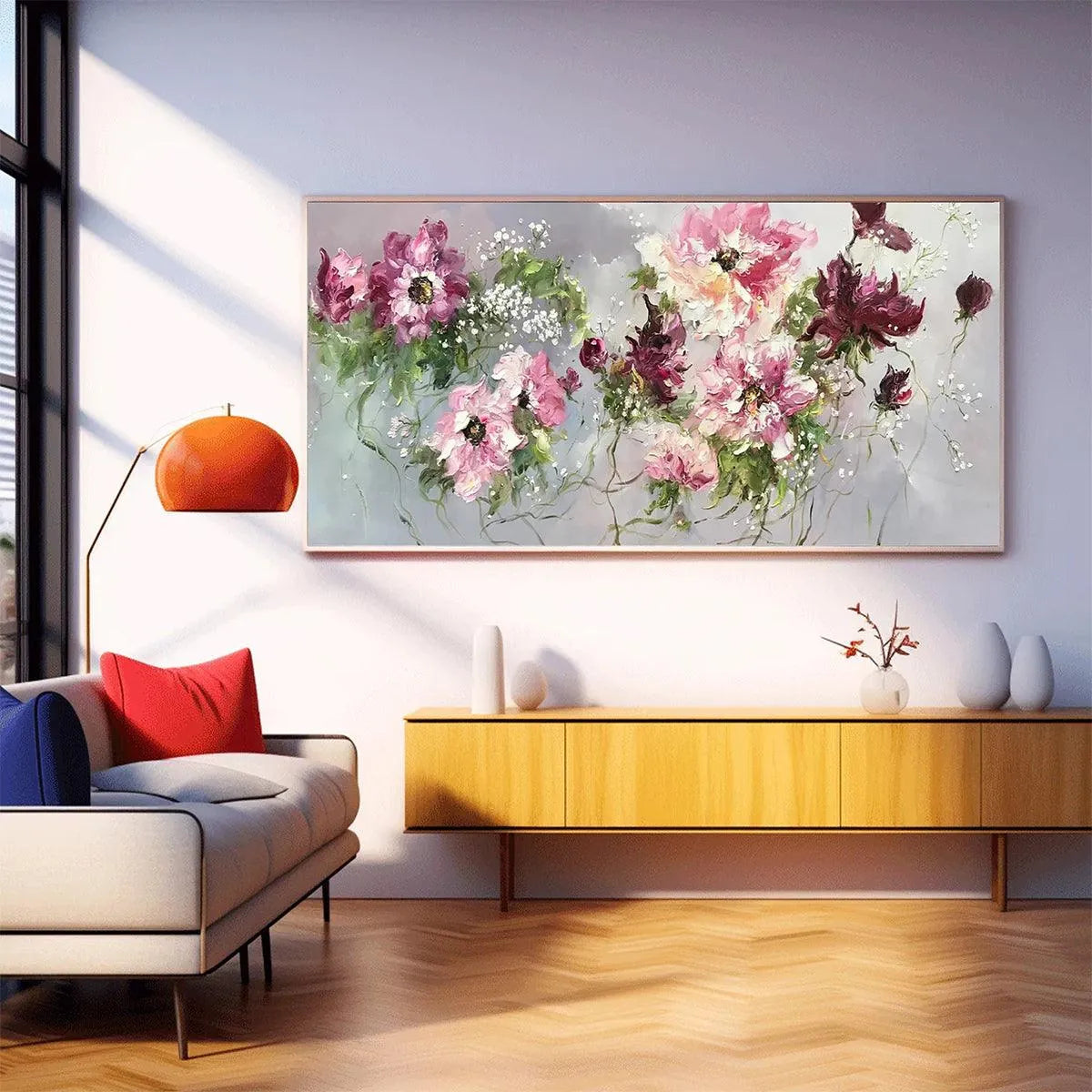 WILD ROSE WHISPERS: Floral Painting, Panoramic Wall Art, Romantic Decor, Pink and Burgundy Flowers