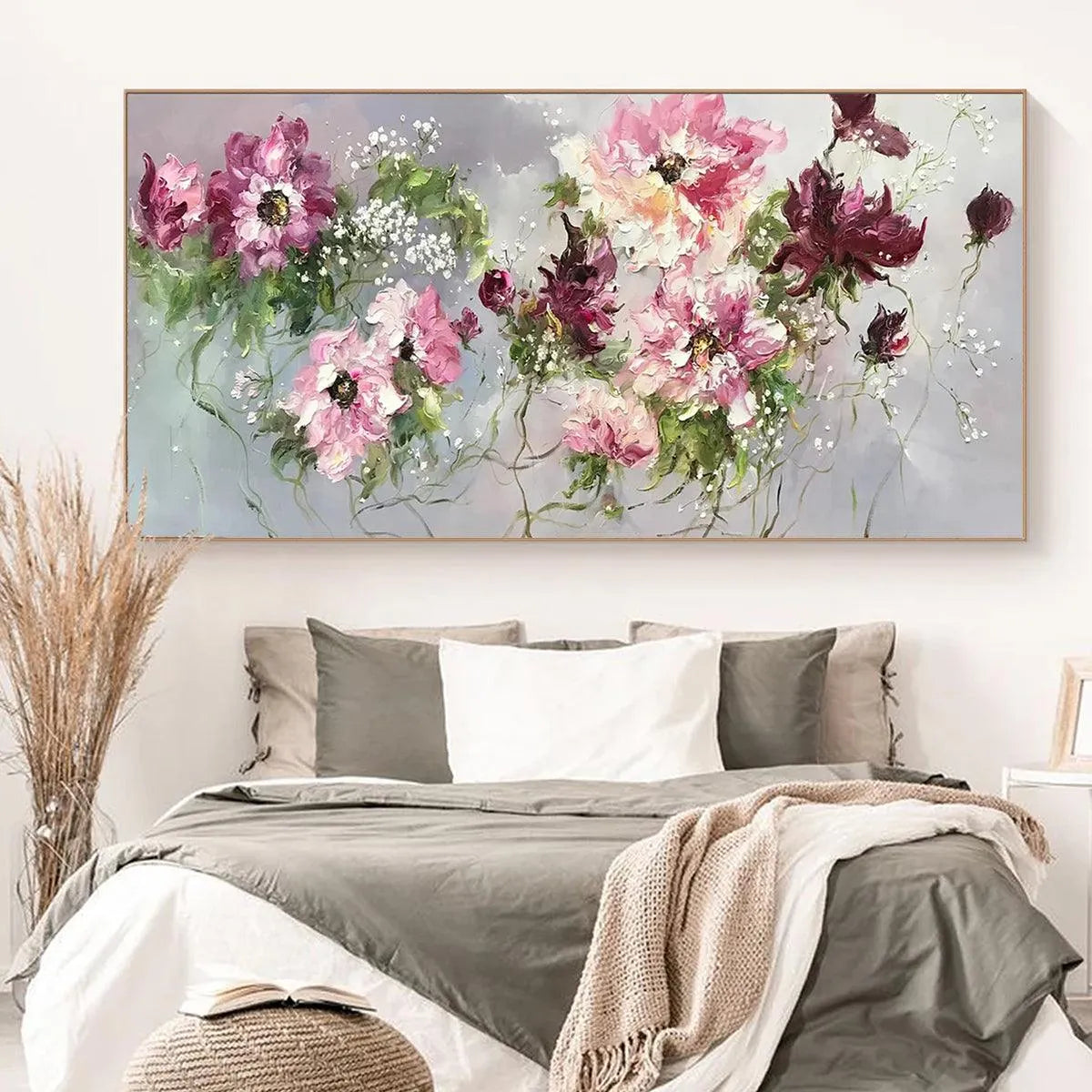 WILD ROSE WHISPERS: Floral Painting, Panoramic Wall Art, Romantic Decor, Pink and Burgundy Flowers