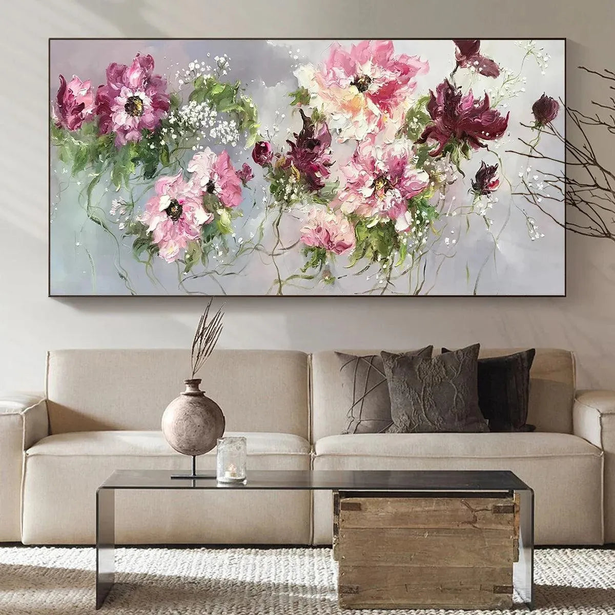 WILD ROSE WHISPERS: Floral Painting, Panoramic Wall Art, Romantic Decor, Pink and Burgundy Flowers