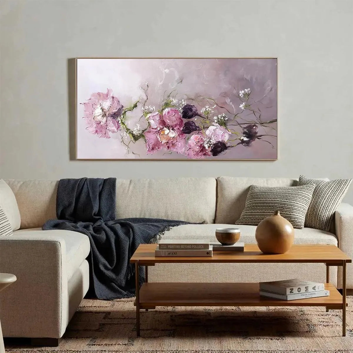 DUSK BLOSSOMS: Floral Painting, Panoramic Wall Art, Romantic Decor