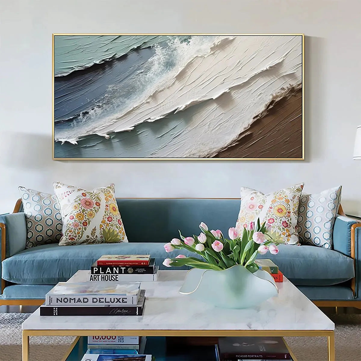 COASTAL TEXTURES: Panoramic Abstract Seascape, Impasto, Palette Knife