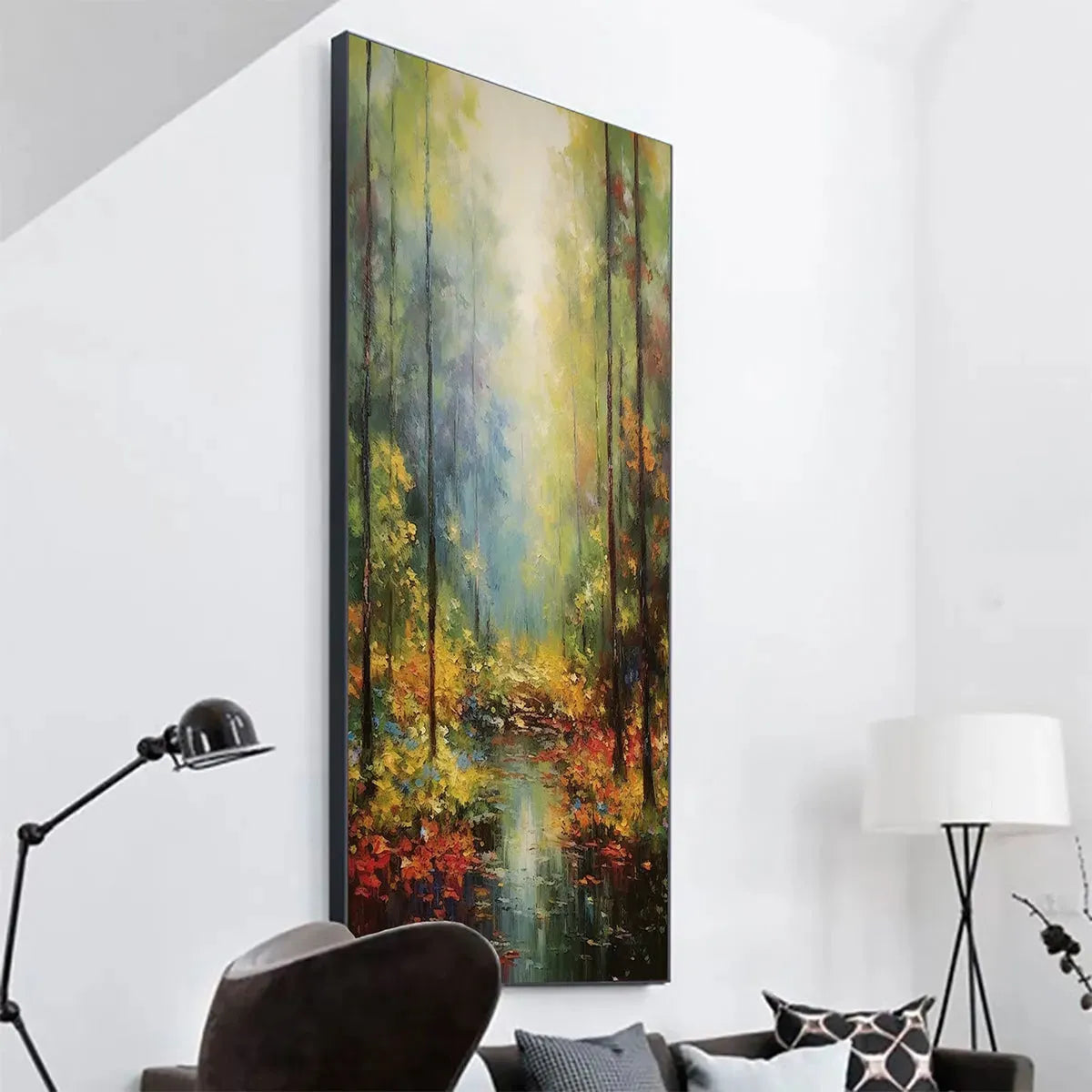 AUTUMN WOODLAND STREAM: Vertical Landscape Oil Painting, Forest Scene with Stream, Fall Colors, Nature Wall Art