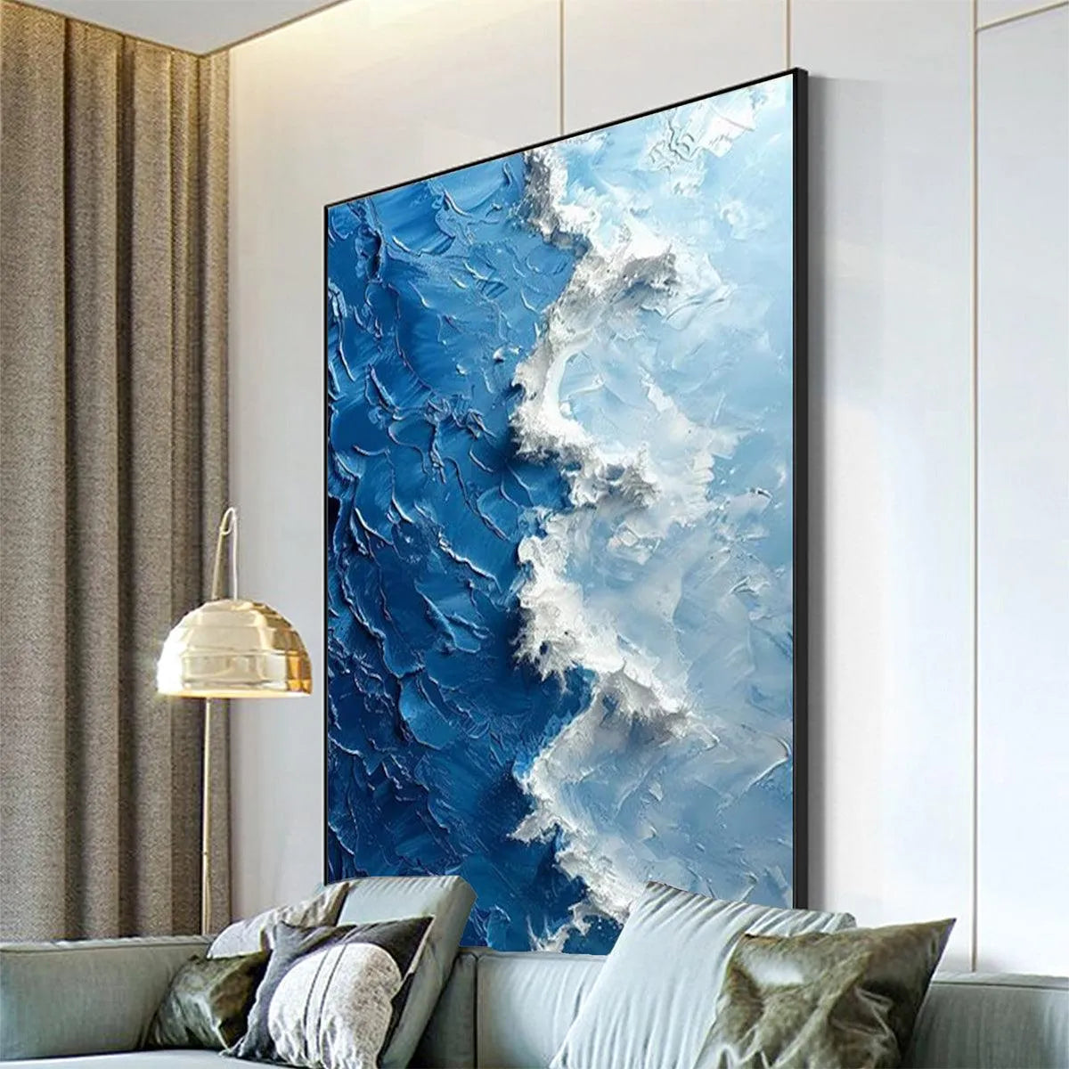 OCEANIC WHISPERS: Textured Ocean Painting, Blue Abstract Wall Art, Vertical Canvas, Impasto Decor