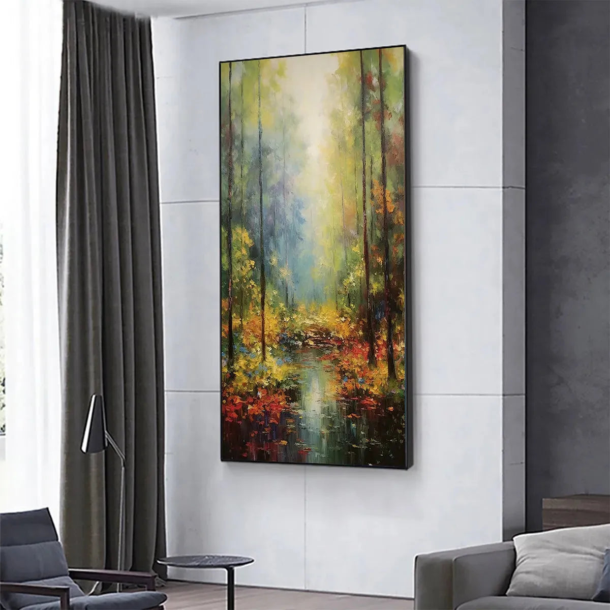 AUTUMN WOODLAND STREAM: Vertical Landscape Oil Painting, Forest Scene with Stream, Fall Colors, Nature Wall Art