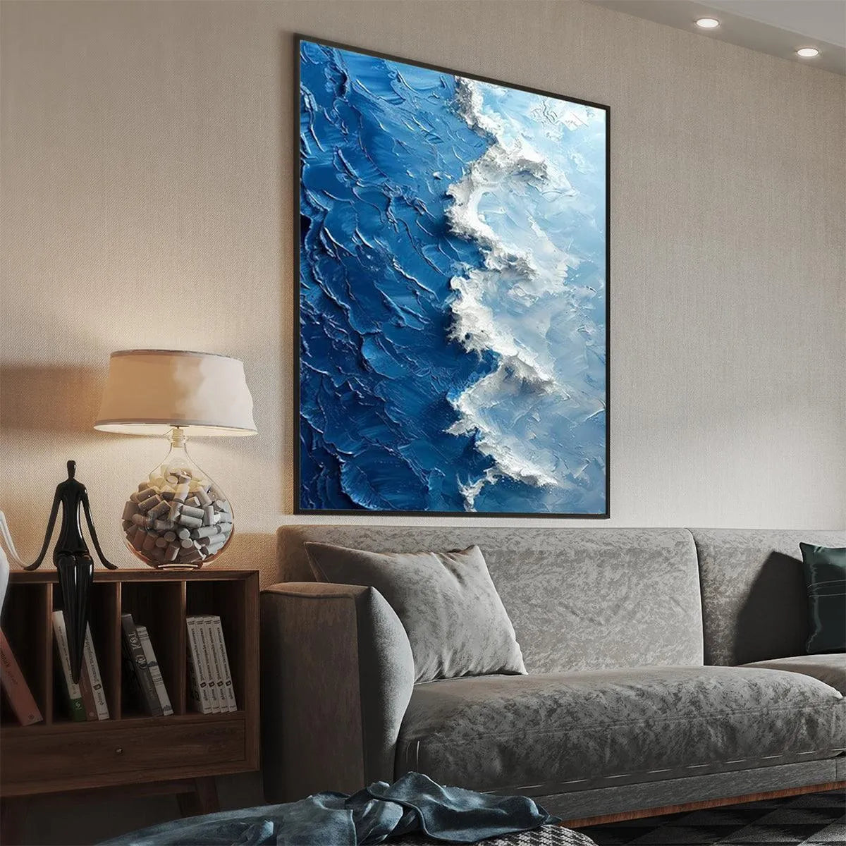 OCEANIC WHISPERS: Textured Ocean Painting, Blue Abstract Wall Art, Vertical Canvas, Impasto Decor