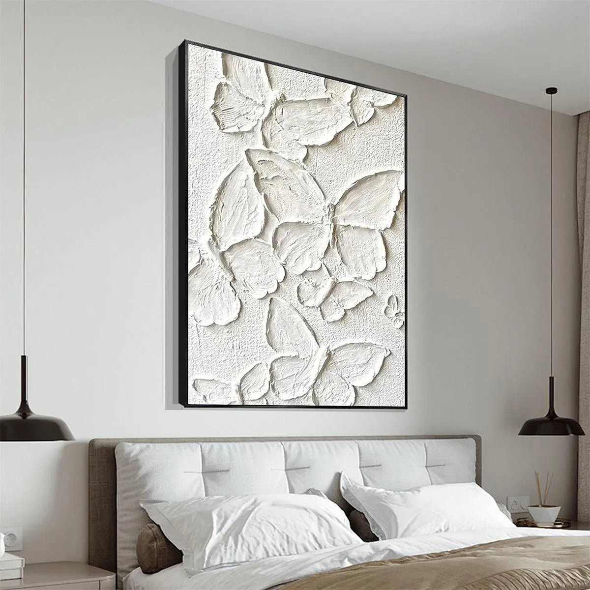 WHITE BUTTERFLIES: 3D Butterfly Impasto Painting, Vertical Wall Art