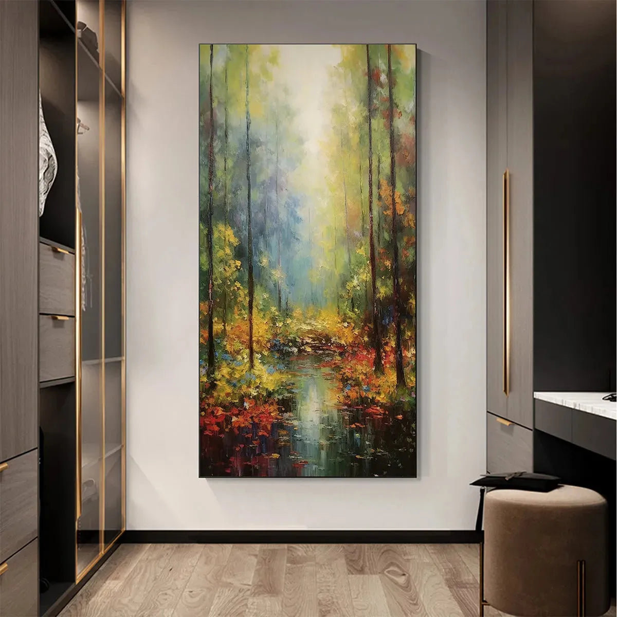 AUTUMN WOODLAND STREAM: Vertical Landscape Oil Painting, Forest Scene with Stream, Fall Colors, Nature Wall Art