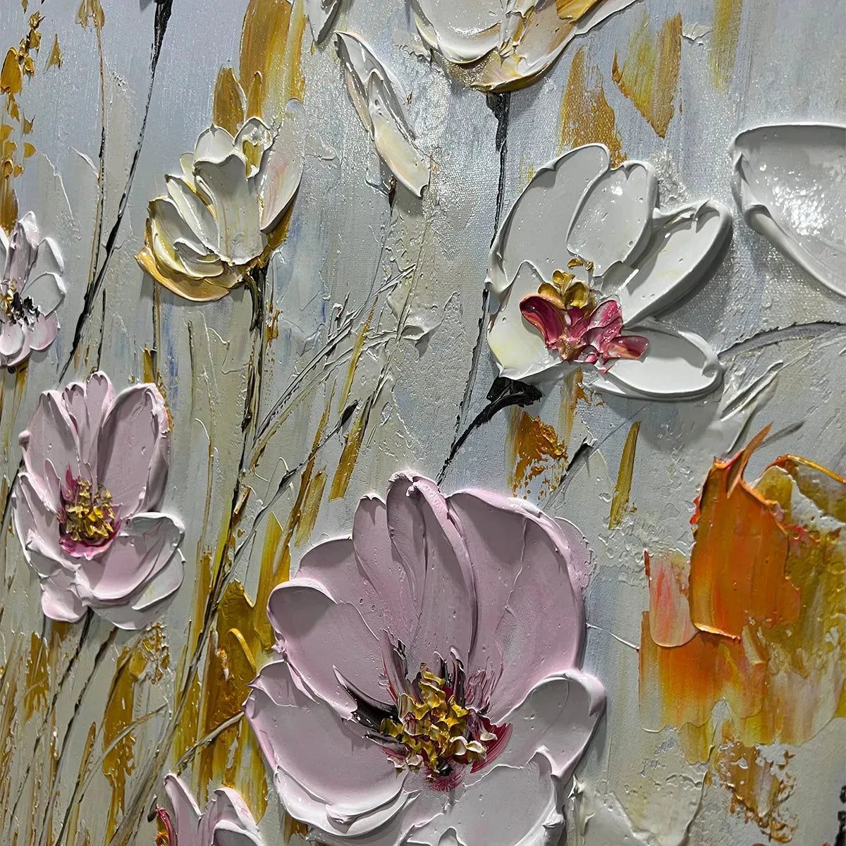 FIELD OF DREAMS: Horizontal Impasto Painting of Pink and White Flowers, Golden Field, Textured Wall Art