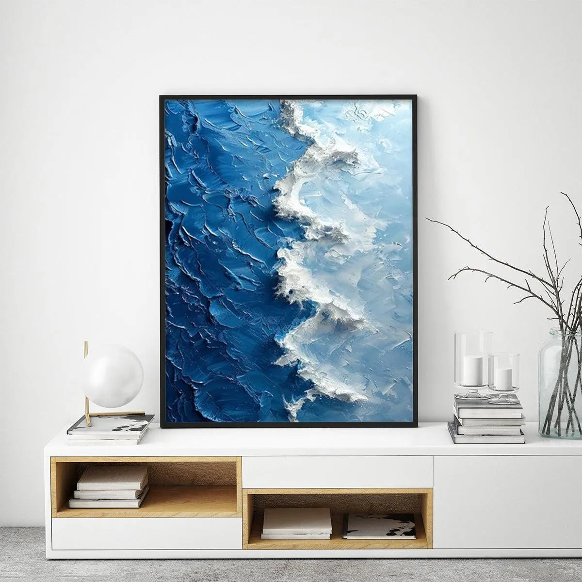 OCEANIC WHISPERS: Textured Ocean Painting, Blue Abstract Wall Art, Vertical Canvas, Impasto Decor