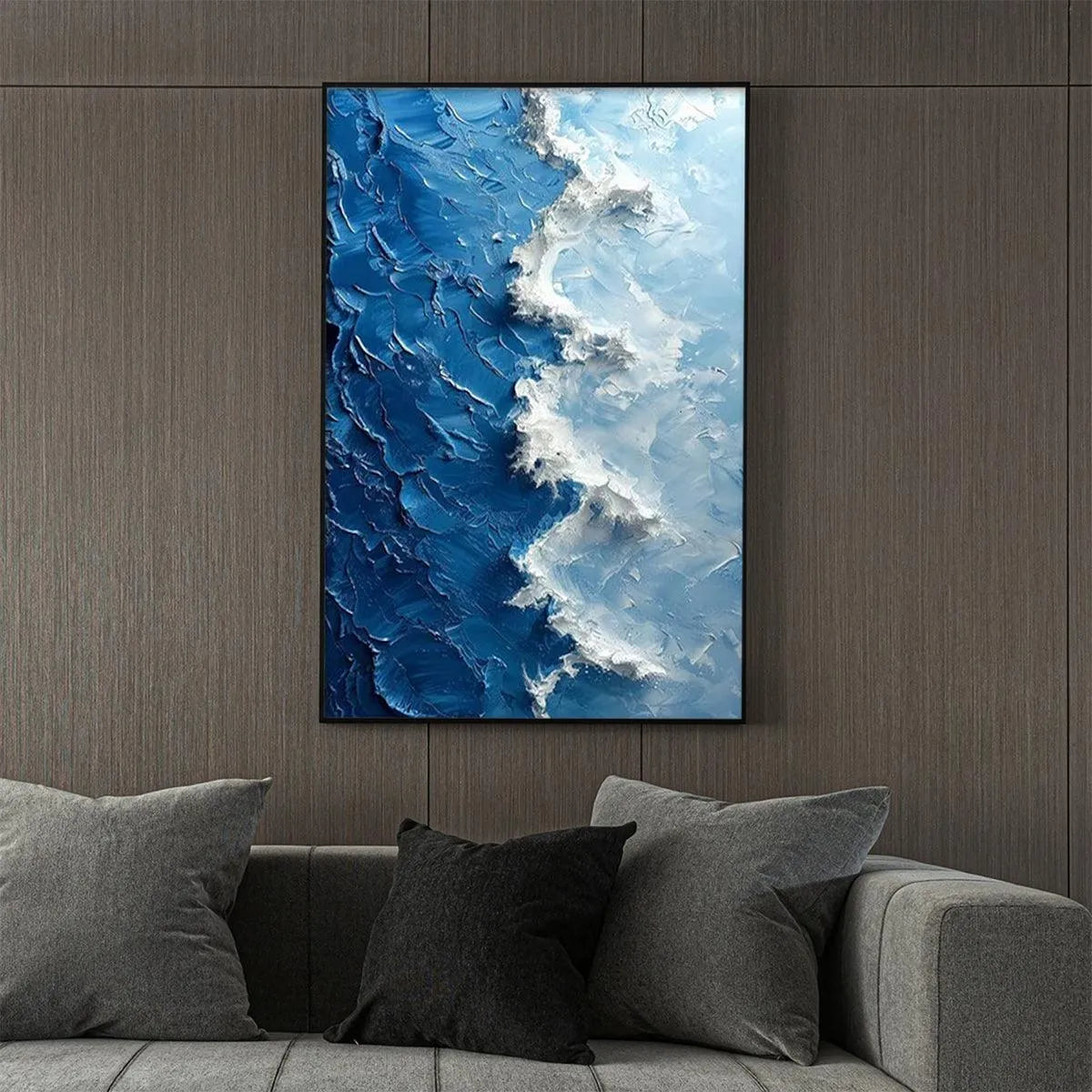 OCEANIC WHISPERS: Textured Ocean Painting, Blue Abstract Wall Art, Vertical Canvas, Impasto Decor