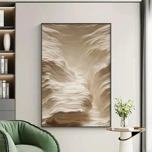 Javier Ramirez 'White Sand Dunes' abstract painting, vertical wall art, off-white tones, framed, modern decor, ready to hang.