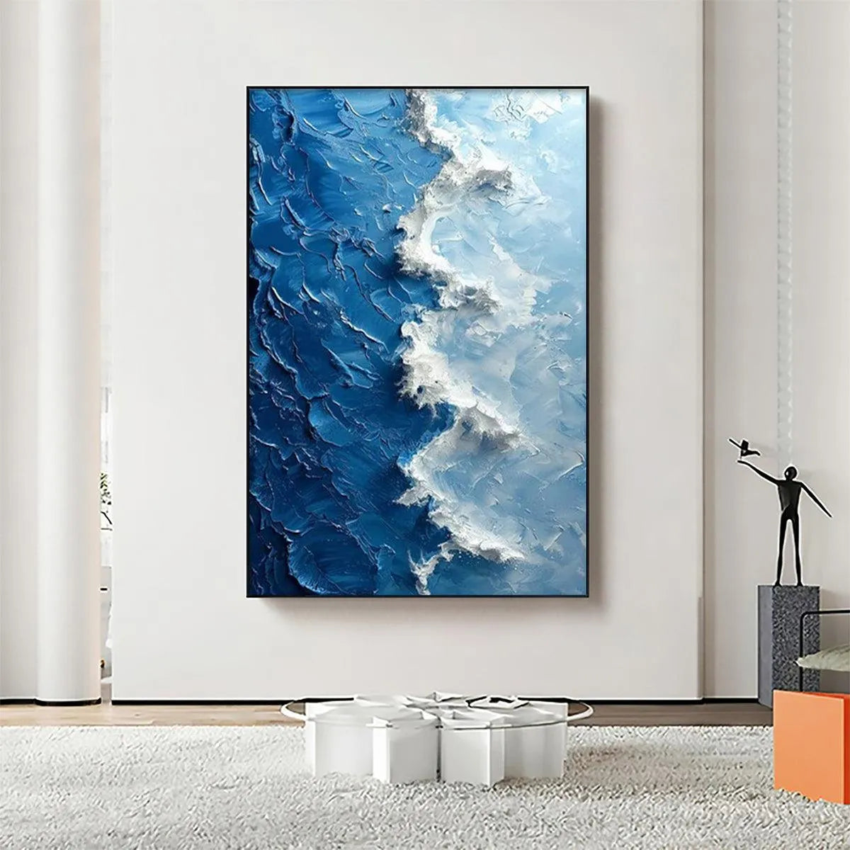 OCEANIC WHISPERS: Textured Ocean Painting, Blue Abstract Wall Art, Vertical Canvas, Impasto Decor