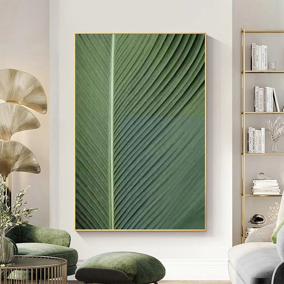 TROPICAL SERENITY: Minimalist Botanical Painting, Green Leaf Wall Art, Vertical Canvas