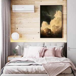 Liam O'Connell's 'Stormy Skies' painting above a bed, cloudscape wall art, bedroom interior decor.