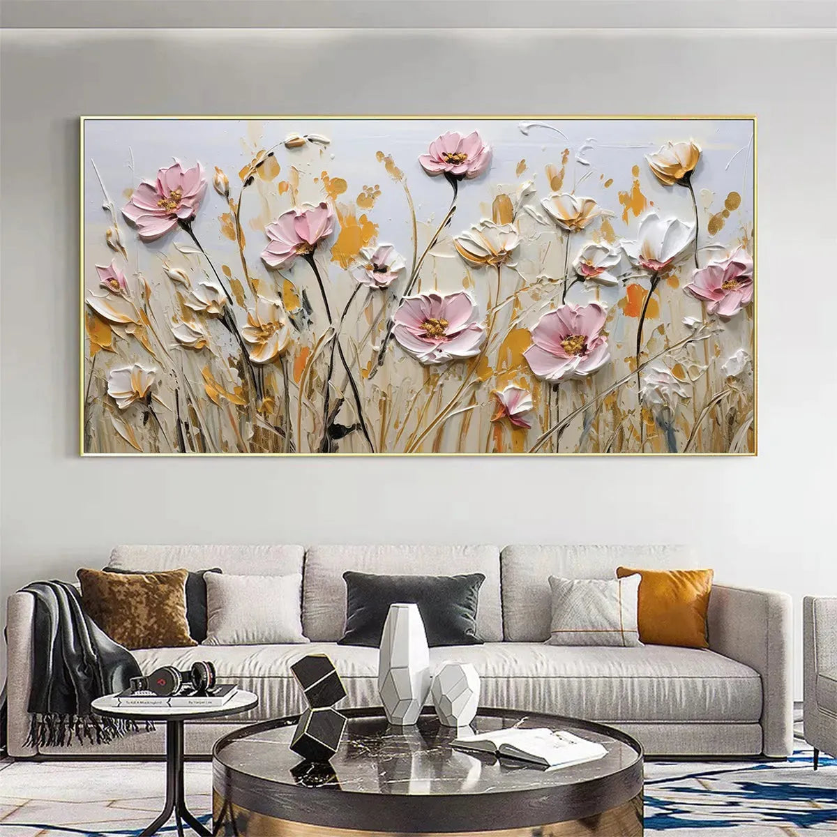 Field of Dreams: Horizontal Floral Painting | Pink & White Flowers