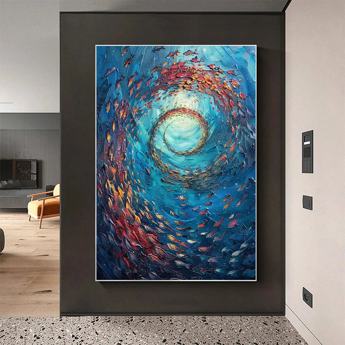 OCEANIC VORTEX: Vertical Fish Painting, Impasto