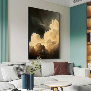 Liam O'Connell 'Stormy Skies' painting: vertical cloudscape art, textured clouds, framed wall art, living room decor.