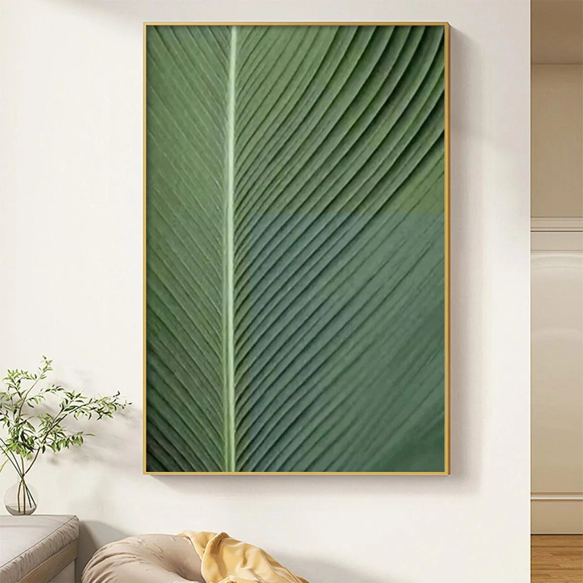 TROPICAL SERENITY: Minimalist Botanical Painting, Green Leaf Wall Art, Vertical Canvas