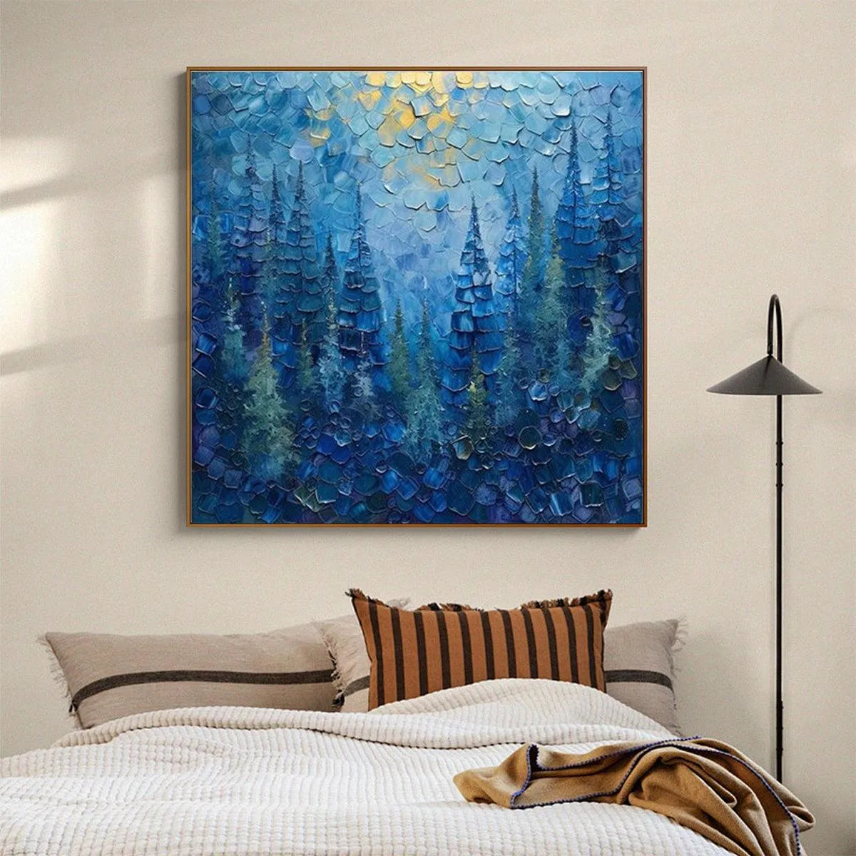 BLUE FOREST: Textured Forest Painting, Blue Landscape Wall Art, Square Canvas, Impasto Decor