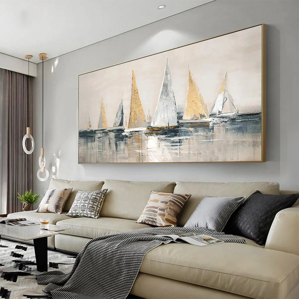 GOLDEN SAILBOATS: Textured Seascape Painting, Horizontal Wall Art