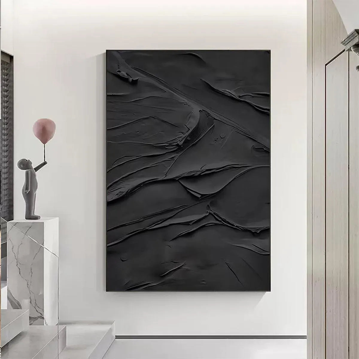 BLACK TEXTURED IMPASTO: Dramatic Black Impasto Painting, Vertical Wall Art